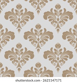 Patrón sin fisuras de damasco con Elementos florales marrones y fondo gris, diseño vintage, Ilustración vectorial elegante para textiles, papel de pared, ropa de cama, envoltura, cortinas, funda de cojín, alfombra, bufanda
