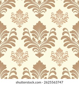 Padrão sem emenda de damasco com elementos florais marrom e fundo de creme, ilustração vetorial elegante para têxtil, papel de parede, cama, cortinas, capa de almofada, tapete, cachecol, tecido de estofo, vintage