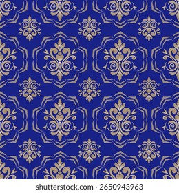 Damask seamless pattern with brown floral element and blue background, vintage, luxury, vector illustration elegant for textile, wall paper, bedding, curtains, cushion cover, rug, upholstery fabric