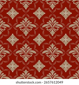 Modelo inconsútil del damasco con las flores marrones y el fondo rojo, vintage y lujoso, Ilustración vectorial elegante para la materia textil, papel de pared, ropa de cama, cortinas, cubierta del cojín, alfombra, bufanda, tela de la tapicería