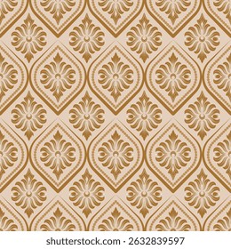 Padrão sem emenda de damasco com ornamento marrom, design vintage, ilustração vetorial elegante para têxtil. papel de parede, cama, cortinas, capa de almofada, tapete, cachecol, tecido de estofo, envoltório, luxo