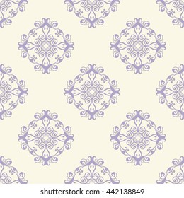 Damask seamless pattern of circular ornate elements. Vintage seamless ornamental wallpaper. Fashion textile design. Vector illustration