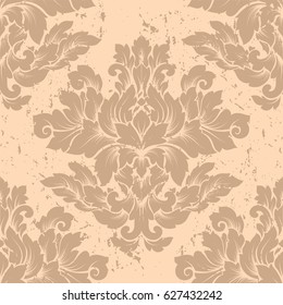 Damask seamless pattern with cracks and skratches. Luxury royal ornament with aged look, victorian texture for wallpapers, textile, wrapping. Exquisite floral baroque lacy flourish in soft beige 