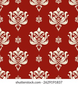 Damasco padrão sem emenda com flores abstratas creme e fundo vermelho, vintage design, ilustração vetorial elegante para têxtil, papel de parede, cortina, capa de almofada, tapete, envoltório, cachecol, design de luxo