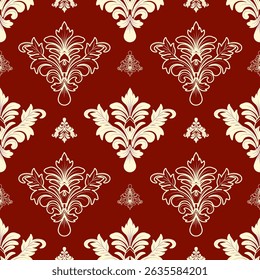 Damask seamless pattern with cream floral elements and dark red background, vintage design, vector illustration elegant for textile, wall paper, curtains, bedding, cushion cover, rug, scarf, luxury