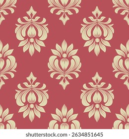 Damask naadloos patroon met crème bloemen en rode achtergrond, vintage stijl, vector illustratie elegant voor textiel, behang, beddengoed, gordijnen, kussenhoes, sjaal, bekleding stof, luxe