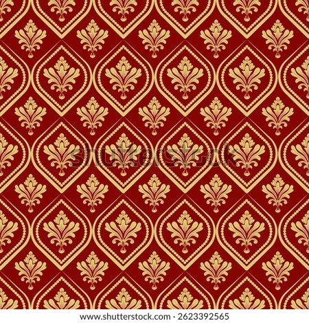 Damask seamless pattern with cream flowers blend with geometry and red background, vintage design, vector illustration elegant for textile, wall paper, curtains, cushion cover, rug, scarf, bedding