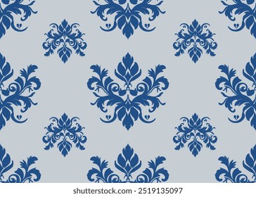 Damask padrão sem emenda, azul escuro e fundo azul claro, estilo de luxo para papel de parede, tecido   