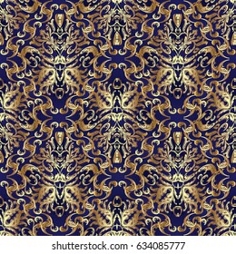 Damask seamless pattern. Dark blue background wallpaper illustration with vintage  decorative gold 3d flowers, scroll leaves and medieval antique ornaments. Vector  floral   fabric texture.