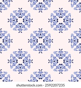 Damask seamless pattern with decorative blue flowers on pink background. Vector illustration. Idea for textiles, wallpaper, curtains, tiles, and pottery.