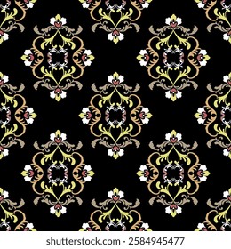 Damask seamless pattern with decorative elements. Victorian style. Floral vector illustration. Idea for pottery, tiles, rugs, carpets, curtains, print fabric, and paper decoration.