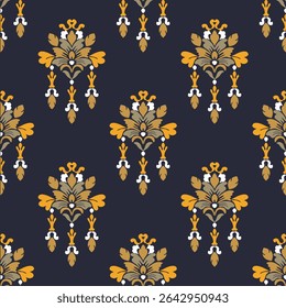 Damask seamless pattern with decorative flowers. Victorian style. Baroque style. Hand-drawn vector. Can be used for wallpaper, pattern fills, web page backgrounds, tiles, and surface textures.
