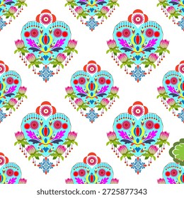 Damask seamless pattern with decorative flowers in retro style. Vector illustration. Vintage flower and heart style. Turkish tiles. Spanish pottery. Testiles rapport.  