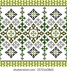 Damask seamless pattern with decorative ornament in green and white colors. Vector illustration. Can be used for wallpaper, textiles, wrapping, and web page backgrounds.