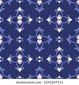Damask seamless pattern with decorative ornament. Blue and white background. Idea for wallpaper, carpets, curtains, rugs, pottery, and tiles.