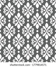 Damask seamless pattern, Decorative royal wallpaper, floral ornament backdrop baroque style, White and gray background for design texture, wallpaper, textile, silk and fabric, vector illustration