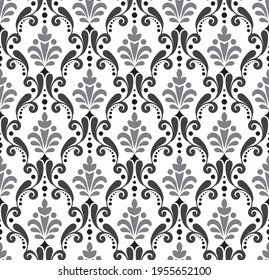 Patrón sin costura Damask, Papel de pared real decorativo, fondo de adorno floral estilo barroco, fondo blanco y gris para textura de diseño, papel de pared, textil, seda y tela, ilustración vectorial