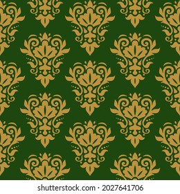 Damask seamless pattern. Decorative wallpaper. Damask trendy ornament. Gold ornament on a dark green background. Vector texture.