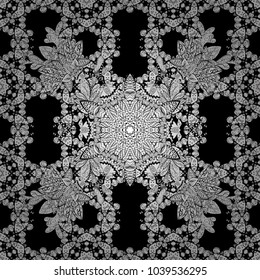 Damask seamless pattern for design. Vector seamless pattern on black, white and gray colors with colorful elements.