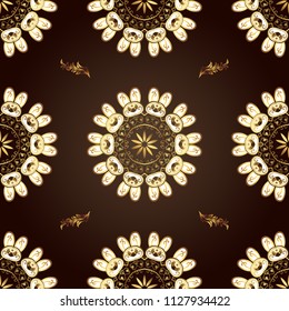 Damask seamless pattern for design. Vector seamless pattern on brown and black colors with golden elements.