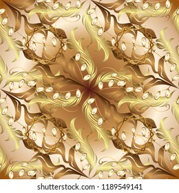 Damask seamless pattern for design. Vector seamless pattern on beige, brown and neutral colors with golden elements.