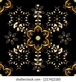 Damask seamless pattern for design. Vector seamless pattern on black, brown and yellow colors with golden elements.