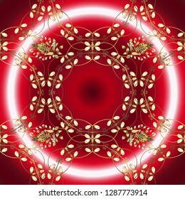 Damask seamless pattern for design. Vector seamless pattern on red and pink colors with golden elements.