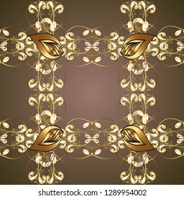 Damask seamless pattern for design. Vector seamless pattern on brown and beige colors with golden elements.