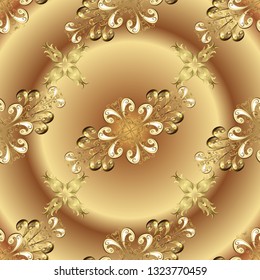 Damask seamless pattern for design. Vector seamless pattern on brown and beige colors with golden elements.