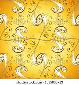 Damask seamless pattern for design. Vector seamless pattern on yellow and beige colors with golden elements.