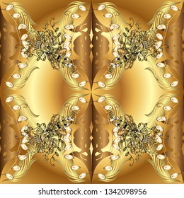 Damask seamless pattern for design. Vector seamless pattern on brown and yellow colors with golden elements.