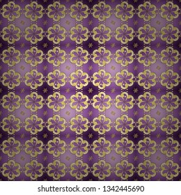 Damask seamless pattern for design. Vector seamless pattern on yellow and purple colors with golden elements.