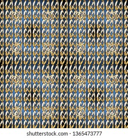 Damask seamless pattern for design. Vector seamless pattern on blue and brown colors with golden elements.