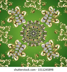 Damask seamless pattern for design. Vector seamless pattern on beige and green colors with golden elements.
