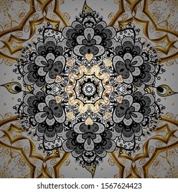 Damask seamless pattern for design. Vector seamless pattern on neutral and gray colors with golden elements.