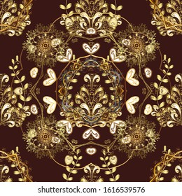 Damask seamless pattern for design. Vector seamless pattern on beige, brown and yellow colors with golden elements.