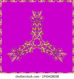 Damask seamless pattern for design. Vector seamless pattern on neutral, magenta and yellow colors with golden elements.