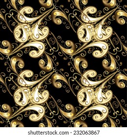 Damask seamless pattern for design. Vector seamless pattern on black, brown and beige colors with golden elements.