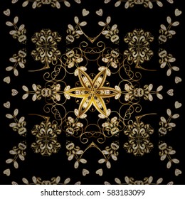 Damask seamless pattern for design. Vector seamless pattern on black background with golden elements.