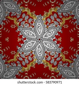 Damask seamless pattern for design. Vector seamless pattern on red background with golden elements and with white doodles. Vector illustration.