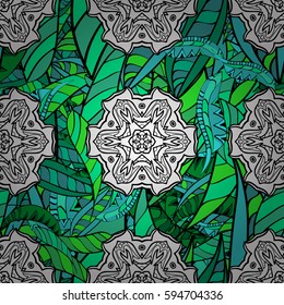 Damask seamless pattern for design. Vector seamless pattern on background with green elements and with gray doodles. Vector illustration.