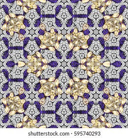 Damask seamless pattern for design. Vector seamless pattern on violet background with golden elements and with white doodles. Vector illustration.