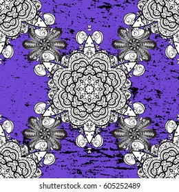 Damask seamless pattern for design. Vector seamless pattern on violet background with golden elements and with white doodles. Vector illustration.