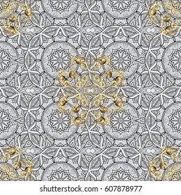 Damask seamless pattern for design. Vector seamless pattern on gray background with golden elements and with white doodles. Vector illustration.
