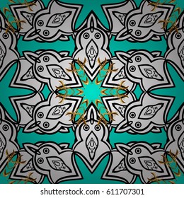 Damask seamless pattern for design. Vector seamless pattern on blue background with golden elements and with white doodles. Vector illustration.