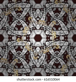 Damask seamless pattern for design. Vector seamless pattern on brown background with golden elements and with white doodles. Vector illustration.
