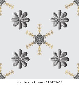 Damask seamless pattern for design. Vector seamless pattern on gray background with golden elements and with white doodles. Vector illustration.