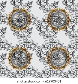 Damask seamless pattern for design. Vector seamless pattern on gray background with golden elements and with white doodles. Vector illustration.