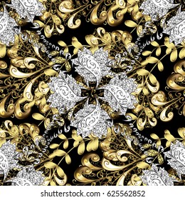 Damask seamless pattern for design. Vector seamless pattern on black background with golden elements and with white doodles. Vector illustration.