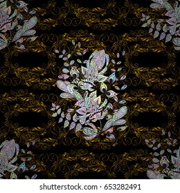 Damask seamless pattern for design. Vector seamless pattern on black background with golden elements and with white doodles. Vector illustration.